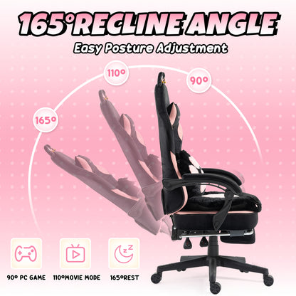Chaise de Gaming Rose avec Coussin Lombaire Mignon en Forme d'Oreilles de Chat & Repose-Pieds Réglable - Chaise de Bureau Ergonomique pour Filles/Adultes, Capacité de 136,08 KG, Chaise de Gaming Douce avec Design Mignon de Patte de Chat, Confort Ultime !
