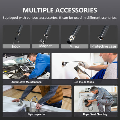 L'endoscope industriel est doté de 8 lumières LED, un outil haute définition pour l'inspection des tuyaux, une classification IP67, et est livré avec des câbles fixes disponibles en longueurs de 1M, 5M ou 10M. Il est compatible avec les smartphones iOS et