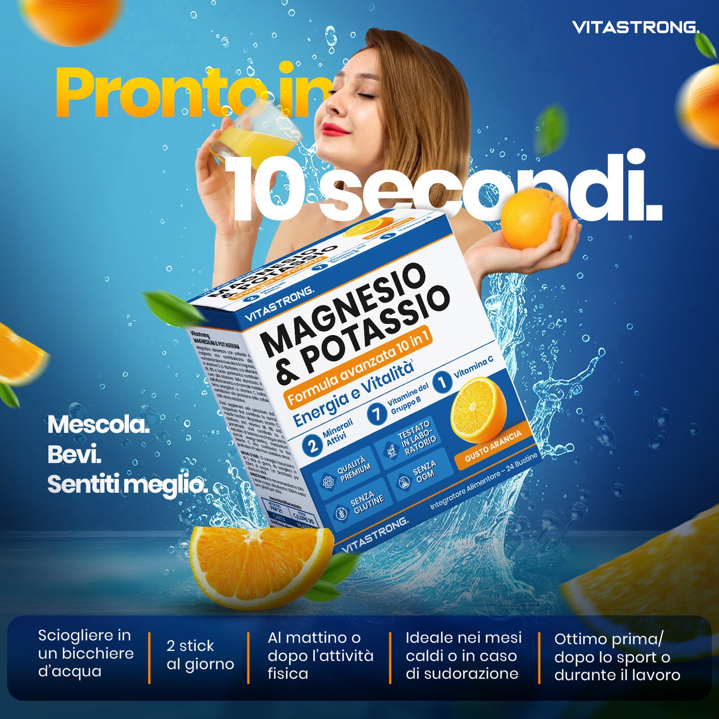Formule Vitastrong Magnésium et Potassium 10-en-1, Bâtonnets Multivitamines Intégrateur Potassium et Magnésium 24 avec Vitamine C et Vitamines du Groupe B, Sans Saccharose, Gluten, Goût d'Orange