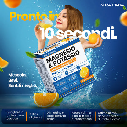 Formule Vitastrong Magnésium et Potassium 10-en-1, Bâtonnets Multivitamines Intégrateur Potassium et Magnésium 24 avec Vitamine C et Vitamines du Groupe B, Sans Saccharose, Gluten, Goût d'Orange