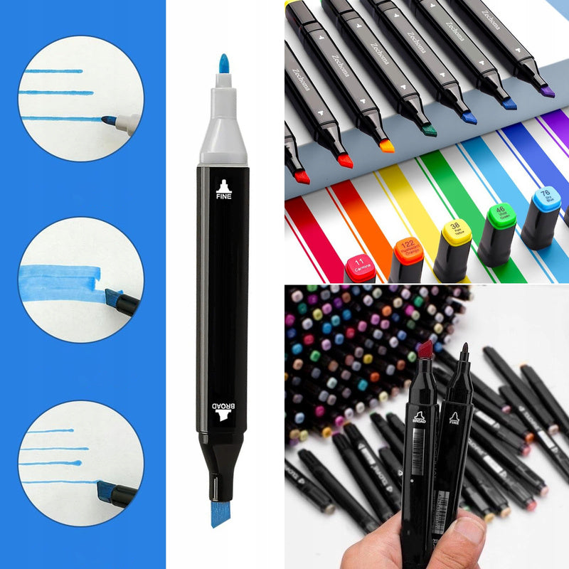 Lot de 60 marqueurs à double pointe à base d'alcool dans une trousse de transport pratique, parfaits pour les artistes, les graphistes et les passionnés de dessin et de manga. Équipés de deux pointes—fine et large—permettant un dessin précis et le remplis