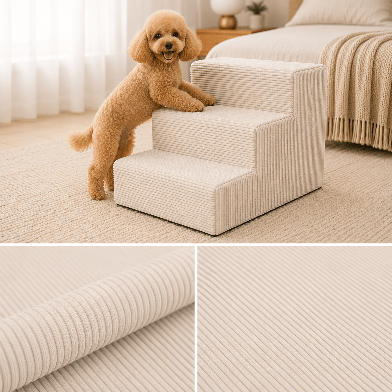 Escalier pour chiens et chats – 3 marches, velours côtelé doux, dessous antidérapant, housse amovible, rampe, plateforme