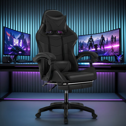 Fauteuil de gaming ergonomique avec repose-pieds - Fauteuil inclinable robuste à hauteur réglable, pivotant à 360° et avec support lombaire, mécanisme d'inclinaison manuel, options de couleur noir/rouge/blanc, texture imitation, rembourrage en mousse et c