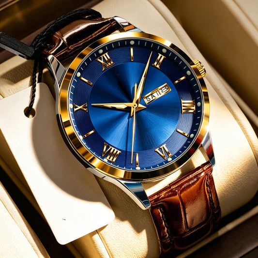 Montre-bracelet vintage minimaliste pour homme avec bracelet en cuir PU souple et affichage double date transparent, accessoire de luxe quotidien pour les trajets professionnels et les banquets, cadeau d'anniversaire idéal pour messieurs, cadran fin et dé