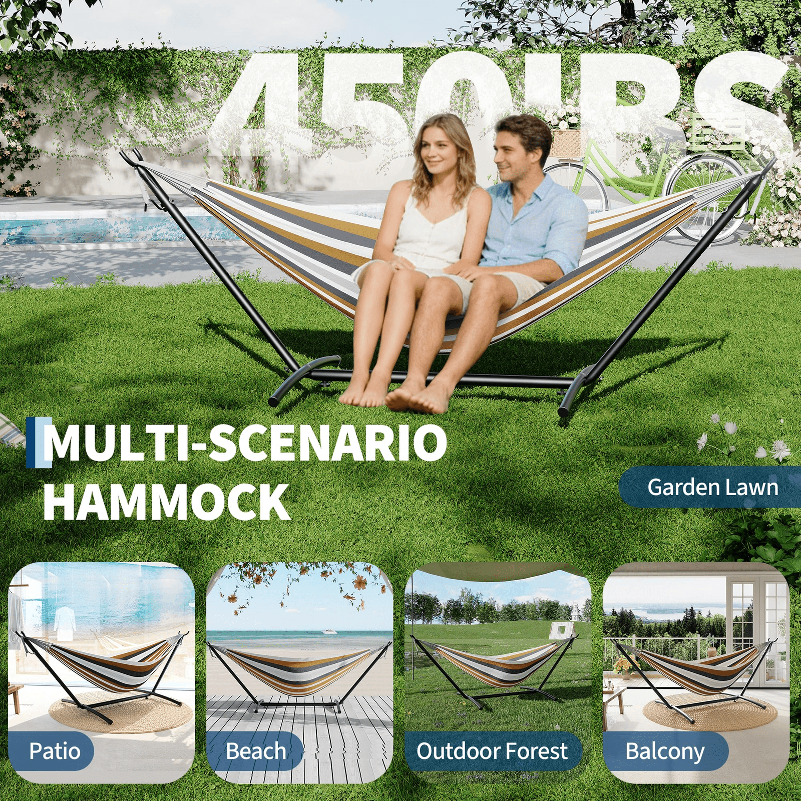 1 pièce Hamac avec cadre en fer robuste, tissu polyester à rayures bleu-vert, transat d'extérieur confortable pour la détente sur le patio, la cour et le balcon