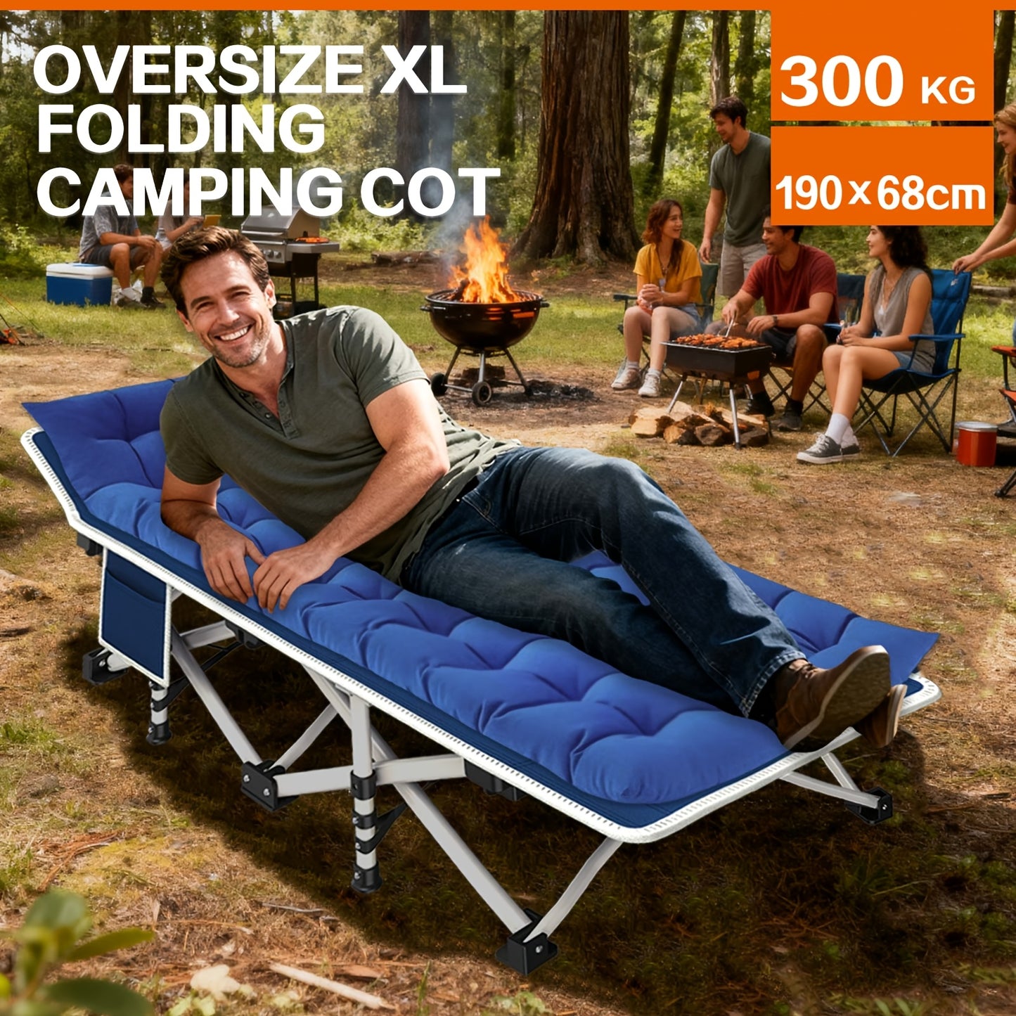 Lit de camping pliant extra large avec matelas, lit de voyage portable pour extérieur, plage, jardin, pêche, vacances, cadre en fer durable et matelas rembourré doux pour la chasse, le camping, la plage, le jardin