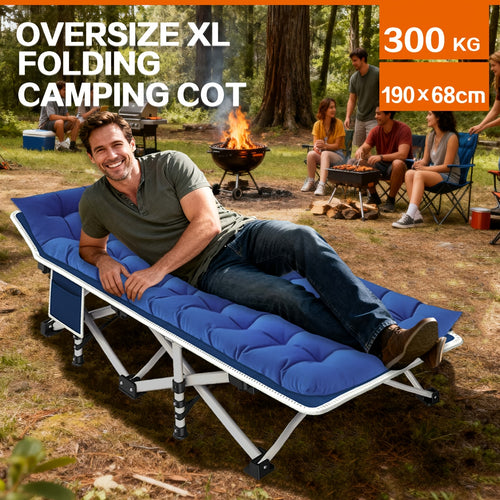Lit de camping pliant extra large avec matelas, lit de voyage portable pour extérieur, plage, jardin, pêche, vacances, cadre en fer durable et matelas rembourré doux pour la chasse, le camping, la plage, le jardin