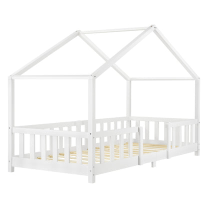 Lit pour enfants Treviolo de style maison avec protection contre les chutes en bois de pin