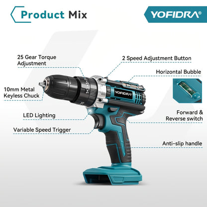 Perceuse sans fil, Perceuse électrique, Tournevis sans fil, 25+3 réglage de couple, Idéal pour la décoration maison et le bricolage, Ensemble d'outils électriques