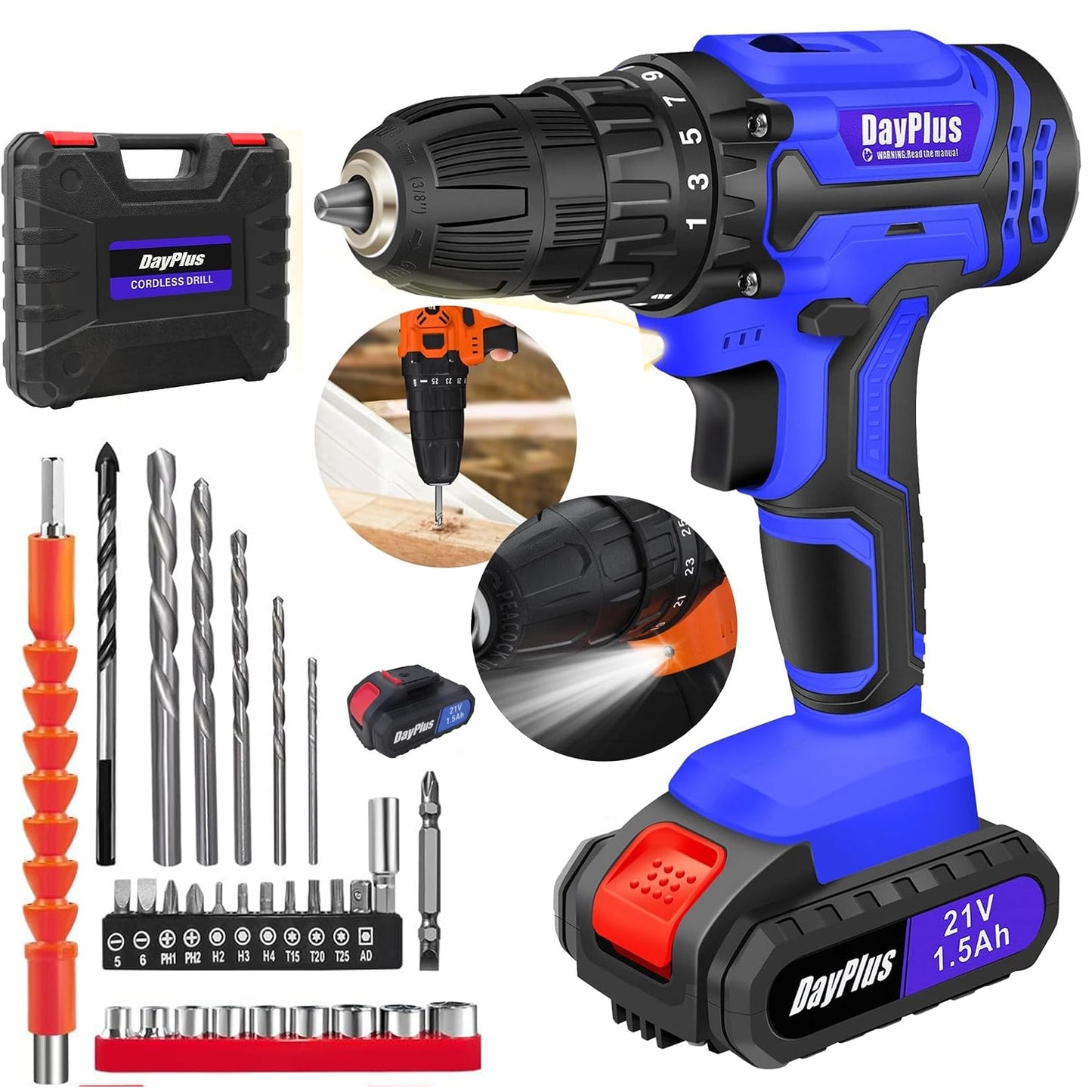 Perceuse combinée sans fil, ensemble de perceuse électrique 21V, perceuse à vis électrique avec réglage de couple 25+1, outils électriques de puissance 60Nm, perceuse électrique, 2 vitesses, lumière LED, kit de perceuse à batterie avec 31 accessoires pour