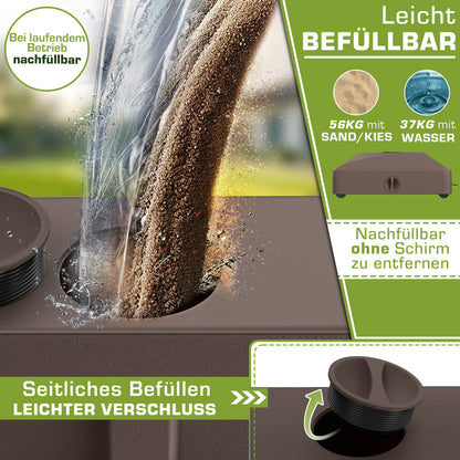 Tillvex® Support de Parasol GRAVIA avec Roues et Freins | Support de Parasol Remplissable 37 Litres / 56 kg | Adapté aux Parasols de Soleil et de Marché Ø 1,8-3,7 m | Roulable, Résistant aux Intempéries et aux UV pour Balcon, Terrasse, Jardin, Petits et G