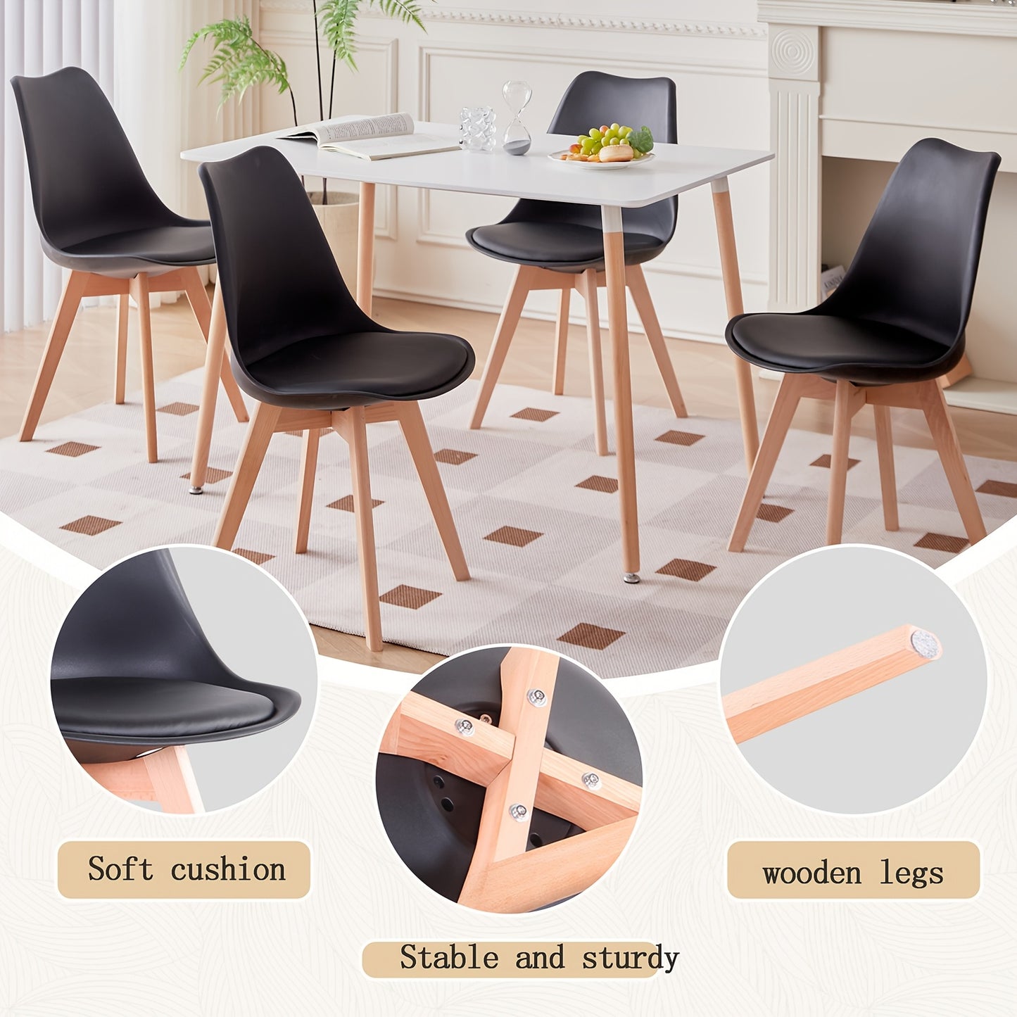 Ensemble de 6 chaises de salle à manger modernes du milieu du siècle, chaises de cuisine, chaises de bureau, chaise coquillage de designer avec coussins ergonomiques en similicuir et pieds en bois massif pour cuisine, salon, chambre à coucher, blanc