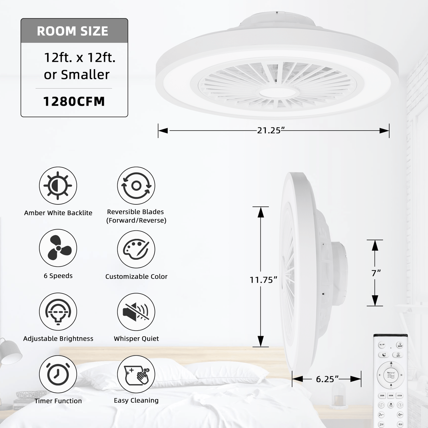 Ventilateur de Plafond ATEROLL 54cm avec Plafonnier LED, Télécommande Incluse, 3CCT, Fonction Minuterie et Mémoire, Mode Veilleuse, Arrêt Retardé de 60 Secondes, Gradation Continue, Couleur Blanche, et Fonction Arrêt Murale