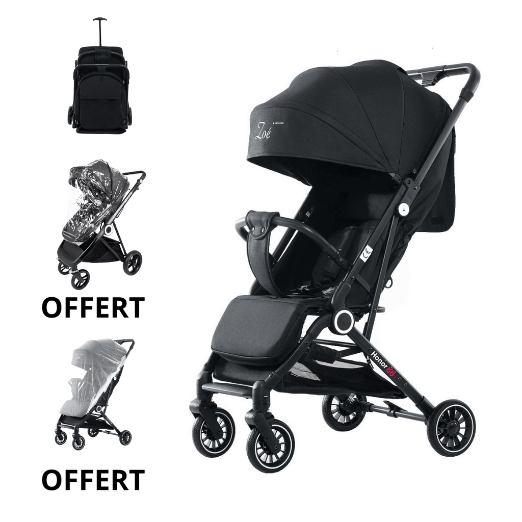 HonorBB ZOA Poussette Canne Bébé Légère et Compacte, 0-3 Ans, 0-15 kg, 3 Positions Inclinables, Pliage Automatique, Bandoulière, Moustiquaire et Protection Pluie Offerts – Essential Black