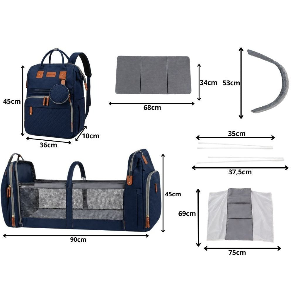 Sac à dos Maman avec lit et USB, Sac à dos multifonctionnel pour parents avec organisateur, Grand sac à dos de voyage avec fonction lit pour enfants, Sac à dos pratique pour la marche et les voyages, Lit pliable avec matelas, Sac à dos quotidien spacieux
