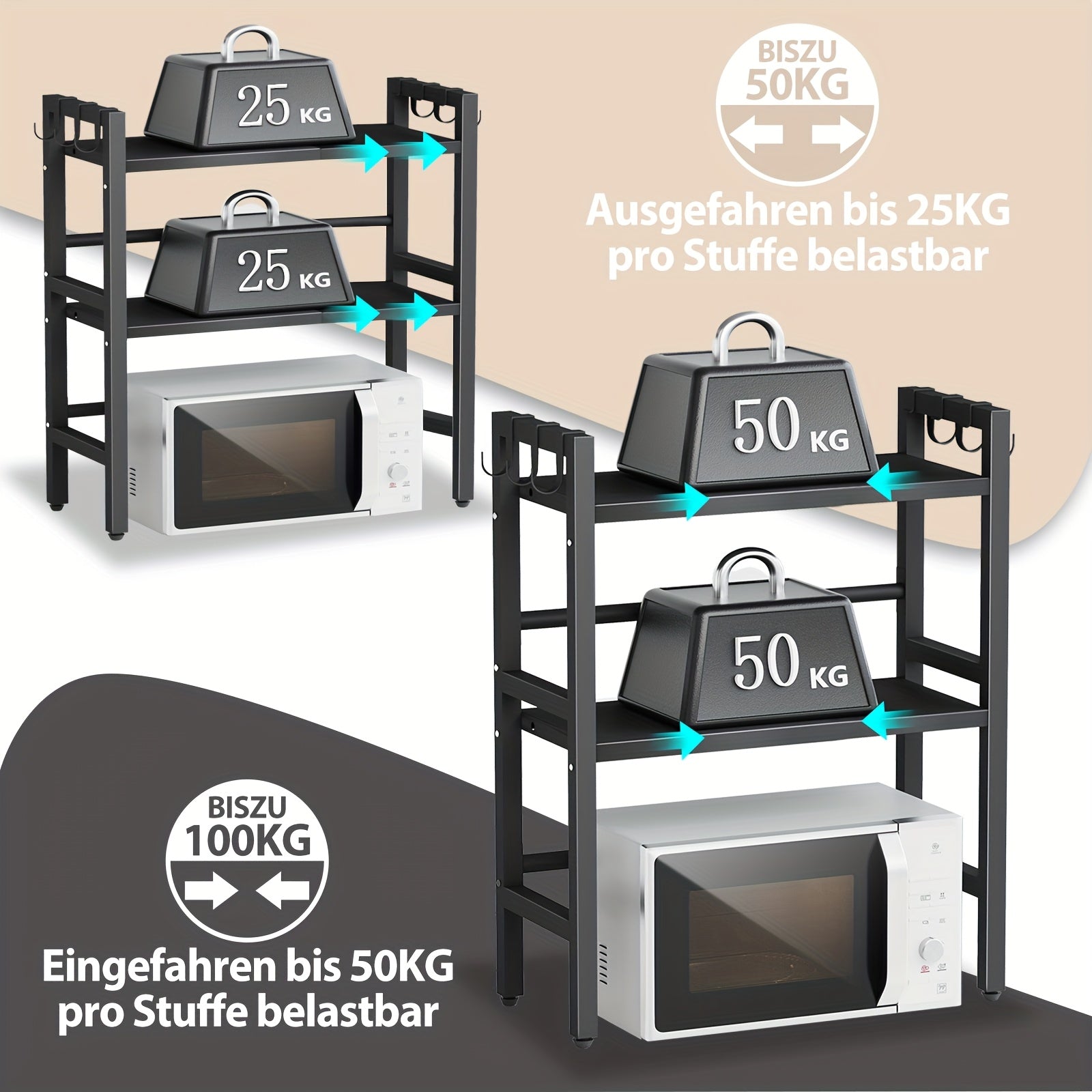 Étagère de micro-ondes extensible à 3 niveaux, support de micro-ondes, convient pour l'organisation de la cuisine, support de micro-ondes, étagère de cuisine, établi, support à pain, étagère de micro-ondes, avec 6 crochets