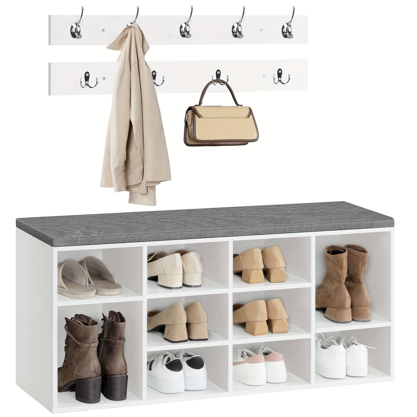 Meuble à chaussures avec banc, 10 compartiments, banquettes rembourrées, armoire murale avec 9 crochets, et meuble à chaussures idéal pour les couloirs, les entrées et les chambres à coucher, couleur blanc