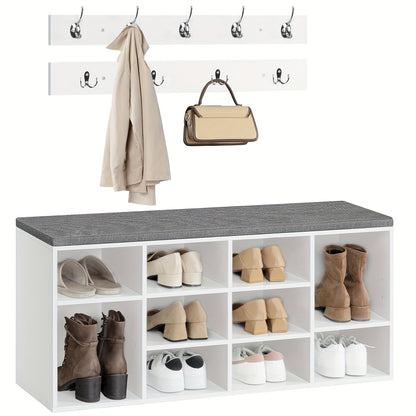 Meuble à chaussures avec banc, 10 compartiments, banquettes rembourrées, armoire murale avec 9 crochets, et meuble à chaussures idéal pour les couloirs, les entrées et les chambres à coucher, couleur blanc