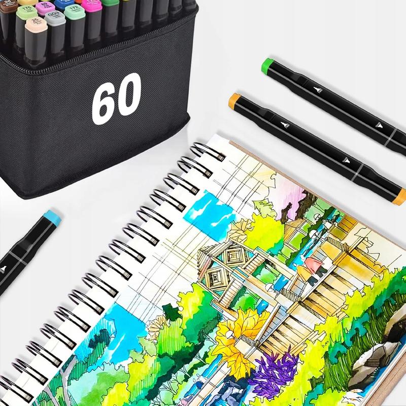 Lot de 60 marqueurs à double pointe à base d'alcool dans une trousse de transport pratique, parfaits pour les artistes, les graphistes et les passionnés de dessin et de manga. Équipés de deux pointes—fine et large—permettant un dessin précis et le remplis
