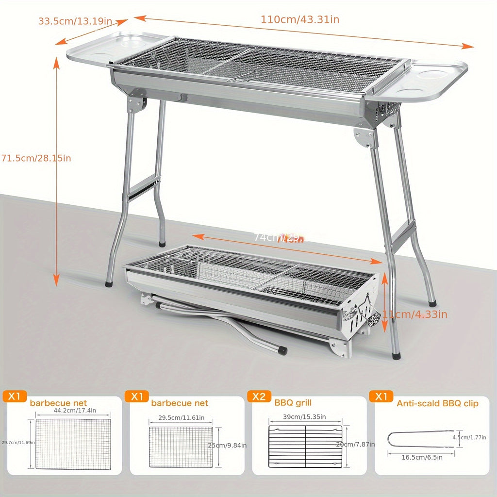 Gril à Charbon Pliable en Acier Inoxydable avec Couvercle - Gril Portable Pliable Idéal pour Barbecue, Camping, Pique-nique et Festival - Compatible Charbon et Briquettes - Fumoir à Charbon pour Extérieur