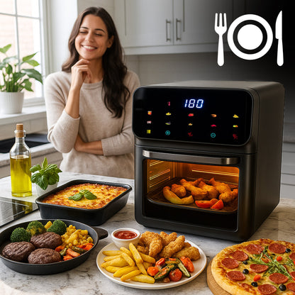 Friteuse à air sans graisse 12L, four multifonctionnel 1350W, 10 modes de cuisson, écran LED tactile, contrôle du temps et de la température 80-200°C, circulation d'air chaud, fenêtre de visualisation avec éclairage, nettoyage facile, ensemble avec gant e