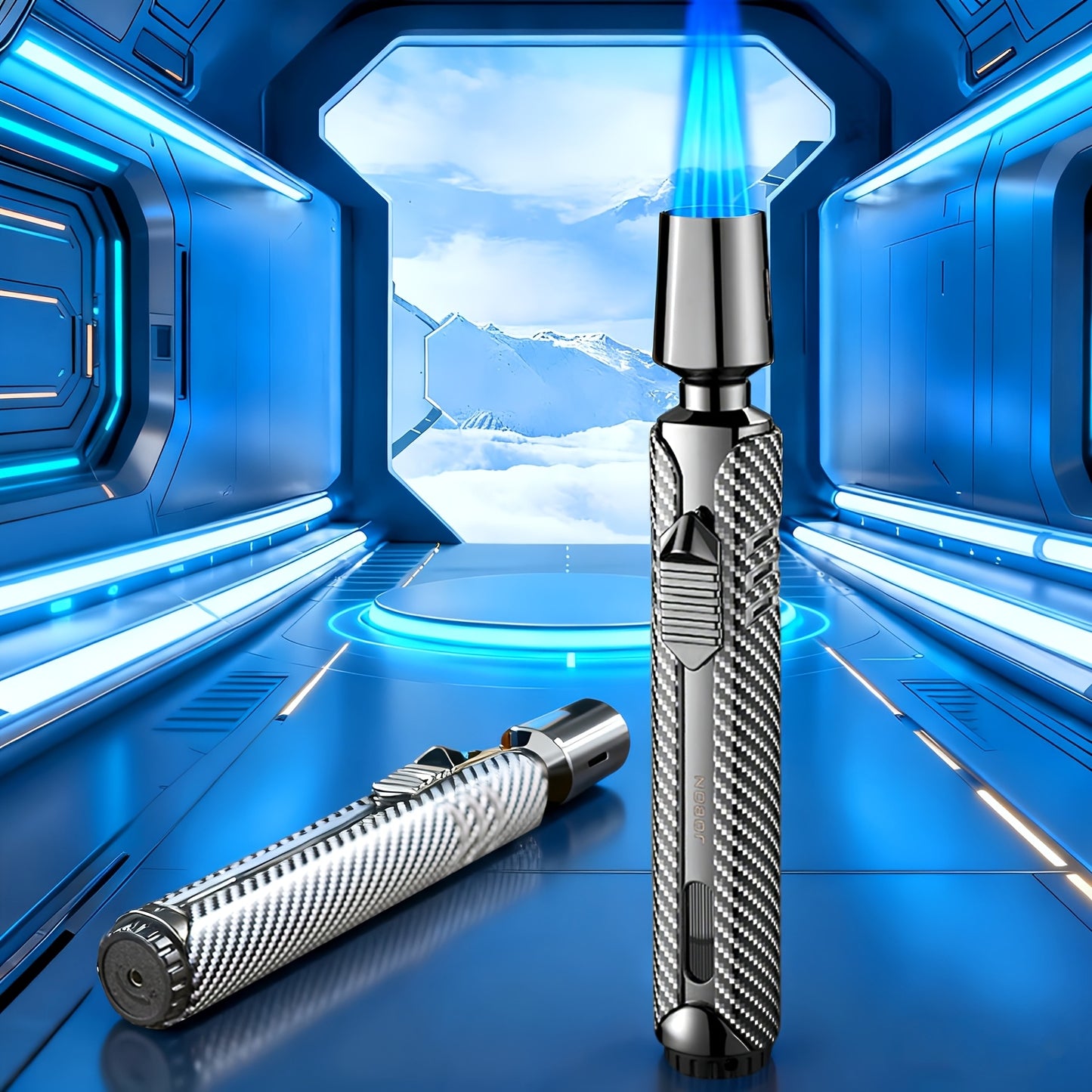 Briquet en métal, design luxueux à tube long à carreaux, poli, coupe-vent, rechargeable au butane, réglable, triple flamme bleue à jet avec réservoir visible, en alliage de zinc, plus facile à utiliser pour le camping, le barbecue, les bougies (sans gaz b