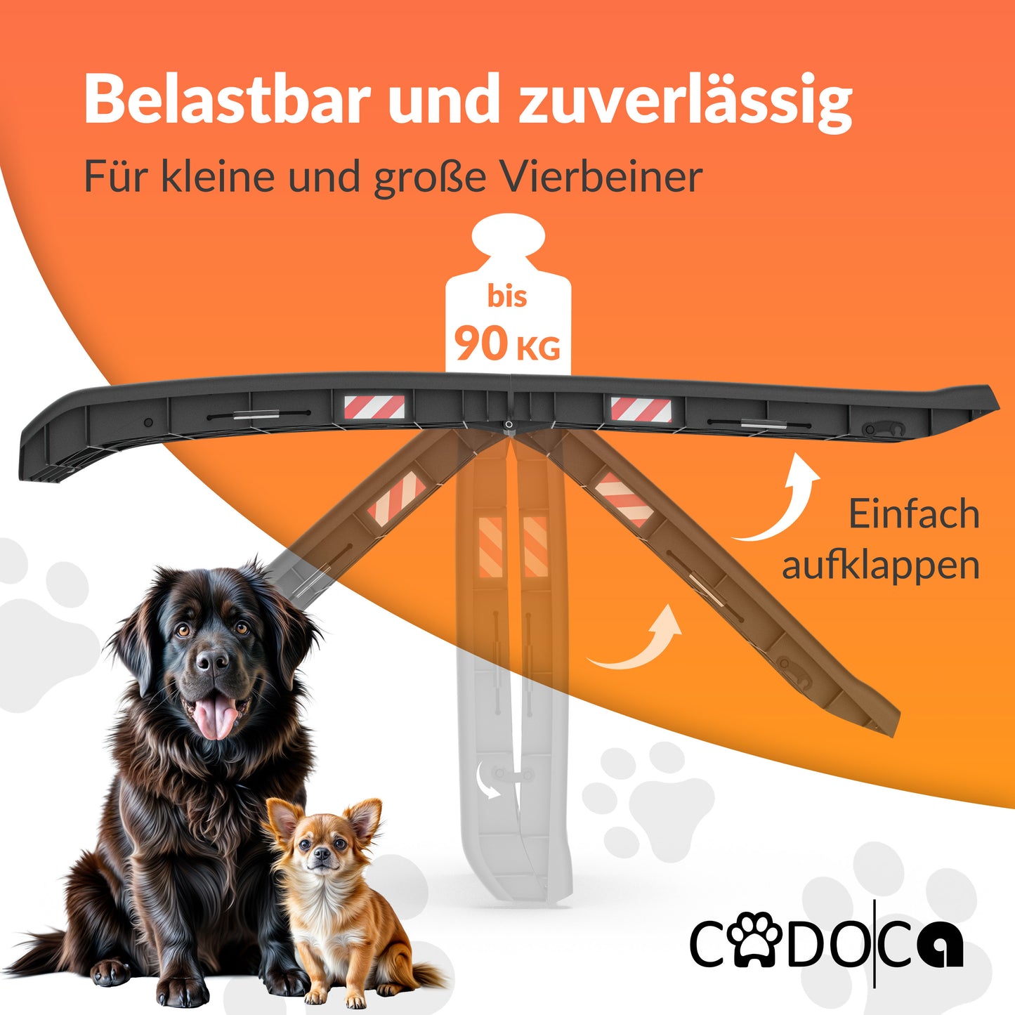 CADOCA® Rampe pour Chien Pliable Auto 90KG Compacte 156X40Cm Poignée de Transport Boucle de Sécurité Réflecteurs Gamelle d'Eau Chien Chat Antidérapant Aide à l'Entrée Facile