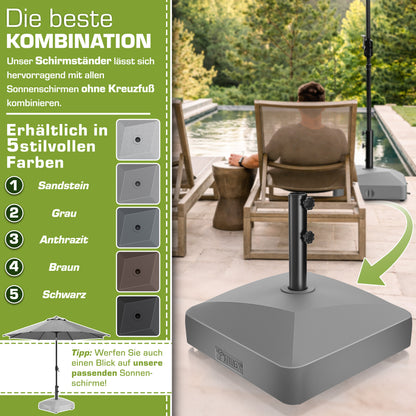 Tillvex® Support de Parasol GRAVIA avec Roues et Freins | Support de Parasol Remplissable 37 Litres / 56 kg | Adapté aux Parasols de Soleil et de Marché Ø 1,8-3,7 m | Roulable, Résistant aux Intempéries et aux UV pour Balcon, Terrasse, Jardin, Petits et G