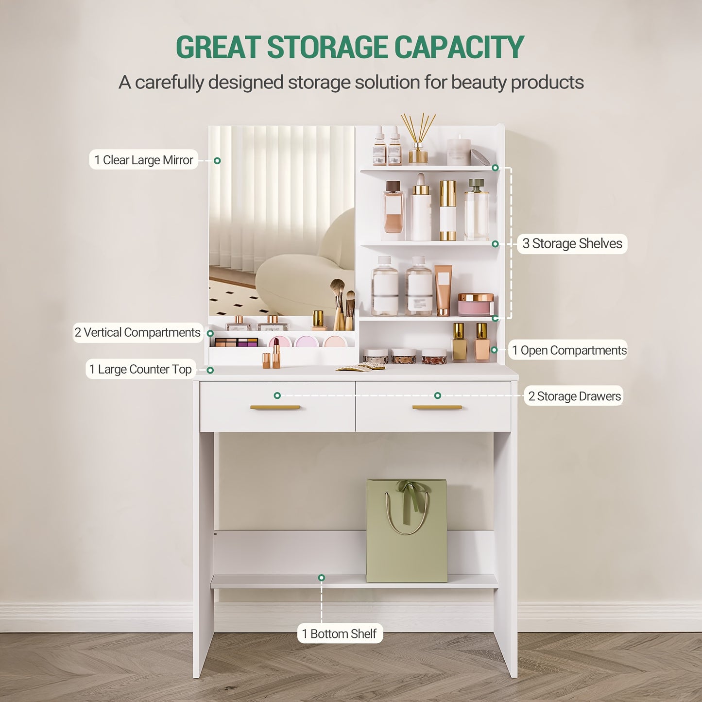 Bureau à vanité avec miroir, un meuble avec quatre étagères ouvertes et deux compartiments, ainsi que deux tiroirs, idéal pour la chambre ou le salon, couleur blanc