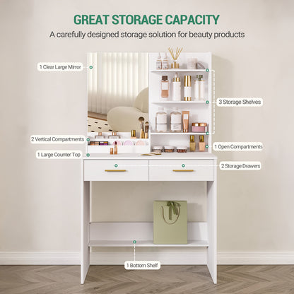 Bureau à vanité avec miroir, un meuble avec quatre étagères ouvertes et deux compartiments, ainsi que deux tiroirs, idéal pour la chambre ou le salon, couleur blanc