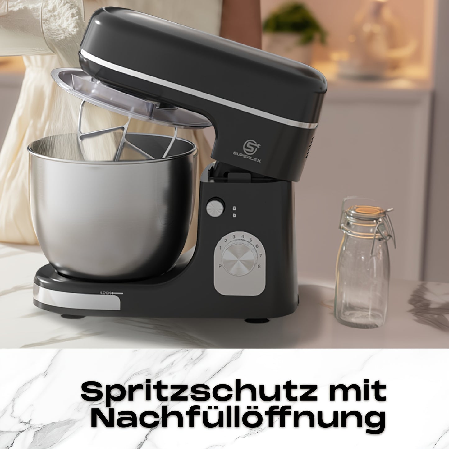 SUPERLEX Batteur sur socle 3 en 1 5L, Machine de cuisine 8 vitesses avec fonction pulsée | Inclut crochet à pâte, fouet et batteur à œufs pour pâtisserie et pain