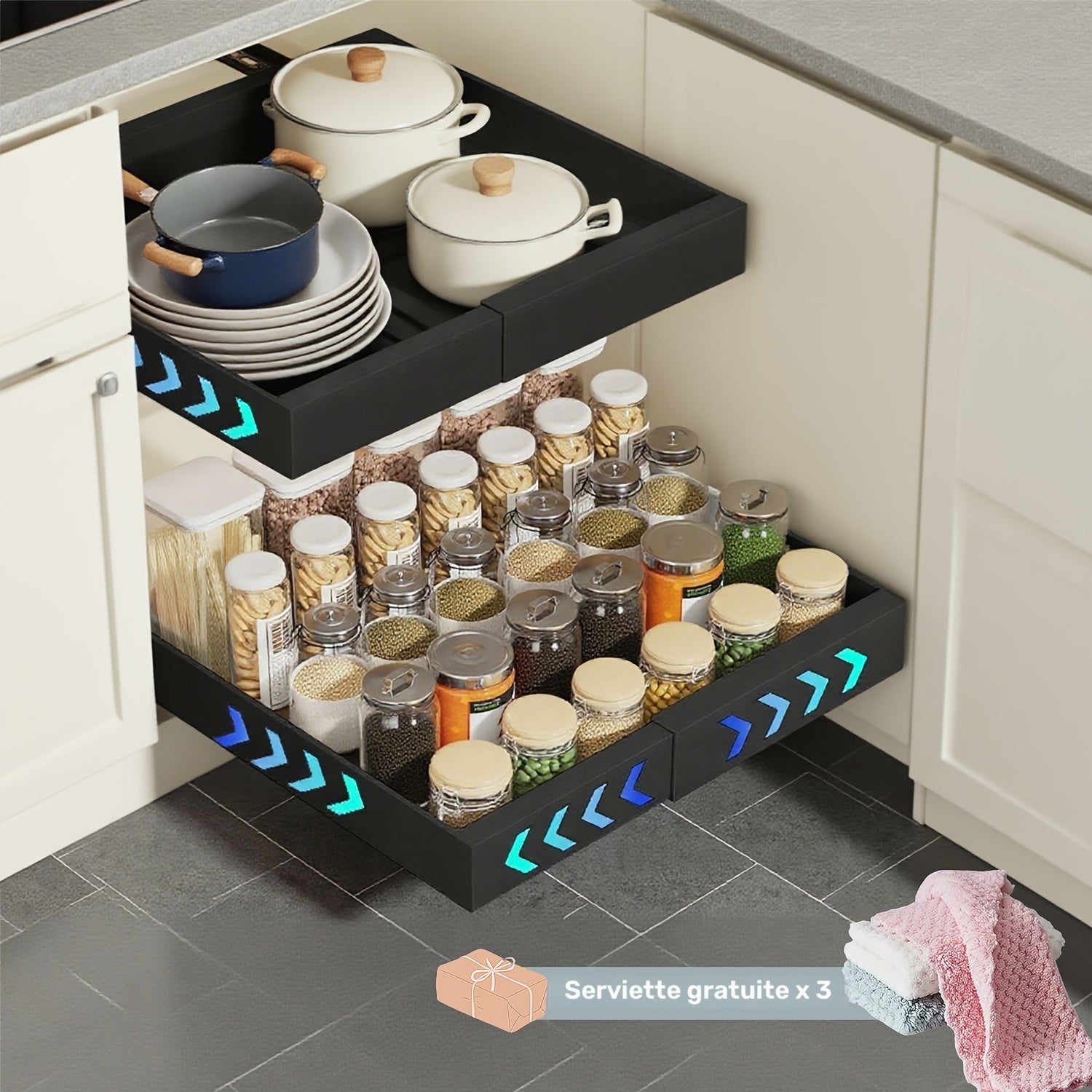 Un lot de 2 organisateurs d'armoire coulissants - étagère extensible à tiroirs adhésifs robuste, adaptée aux armoires de cuisine et étagères escamotables, idéale pour organiser le garde-manger, 31 cm-52 cm réglable (noir, blanc)