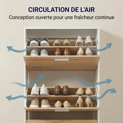 Meuble à chaussures avec 3 compartiments à abattant, armoire de rangement en bois pour jusqu'à 18 paires, organisateur d'entrée peu encombrant