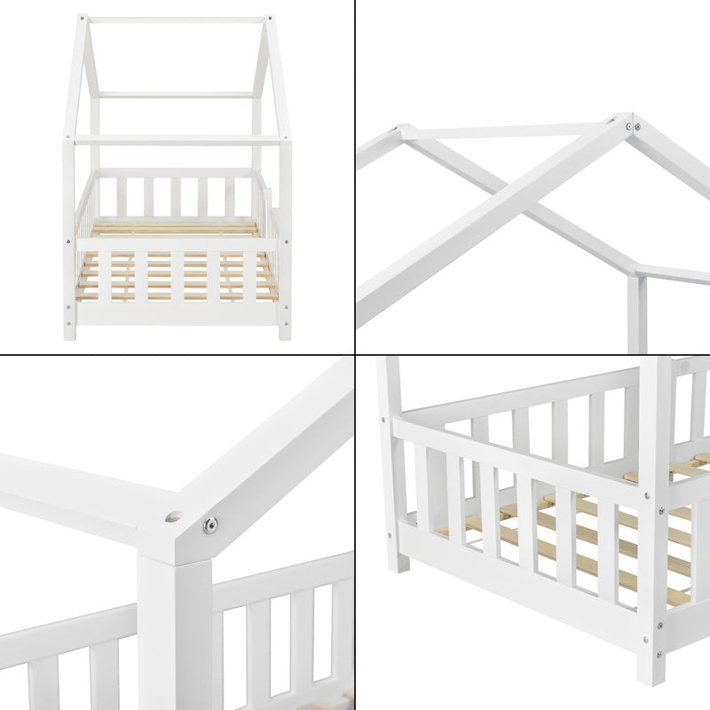 Lit pour enfants Treviolo de style maison avec protection contre les chutes en bois de pin