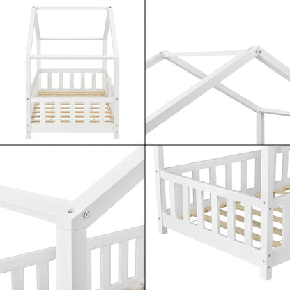 Lit pour enfants Treviolo de style maison avec protection contre les chutes en bois de pin