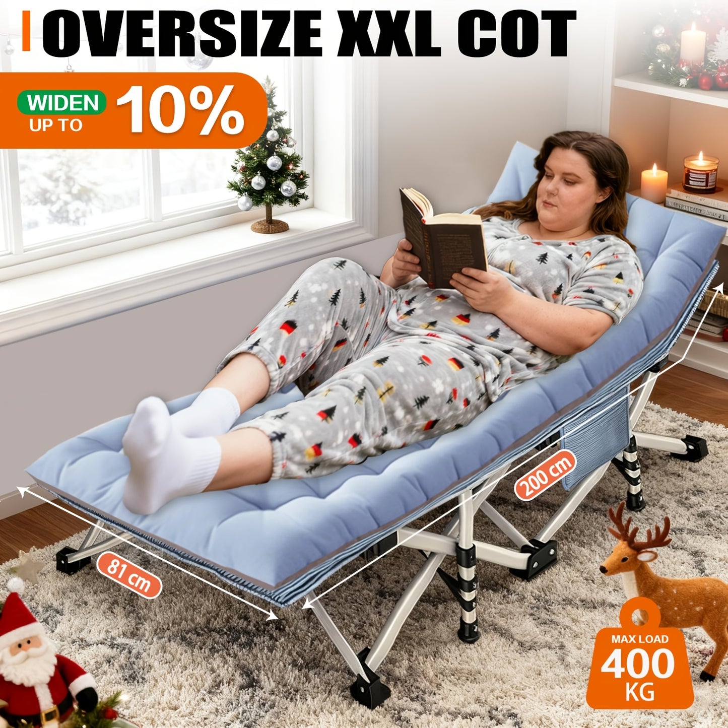 Lit de camping pliable portable XXL mesurant 200 cm par 190 cm, avec un matelas amovible et capable de supporter des poids de 300 kg à 400 kg. Il n'a pas besoin d'installation et est idéal pour une utilisation en extérieur, le camping, les tentes, les bur