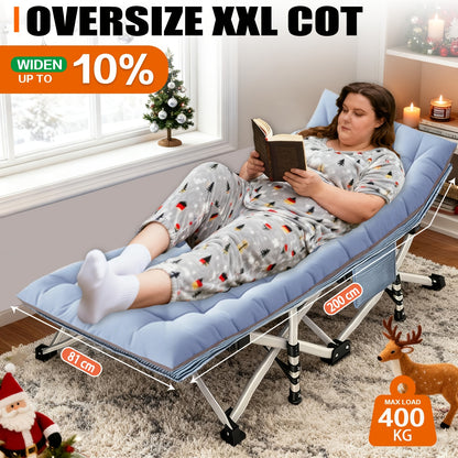 Lit de camping pliable portable XXL mesurant 200 cm par 190 cm, avec un matelas amovible et capable de supporter des poids de 300 kg à 400 kg. Il n'a pas besoin d'installation et est idéal pour une utilisation en extérieur, le camping, les tentes, les bur