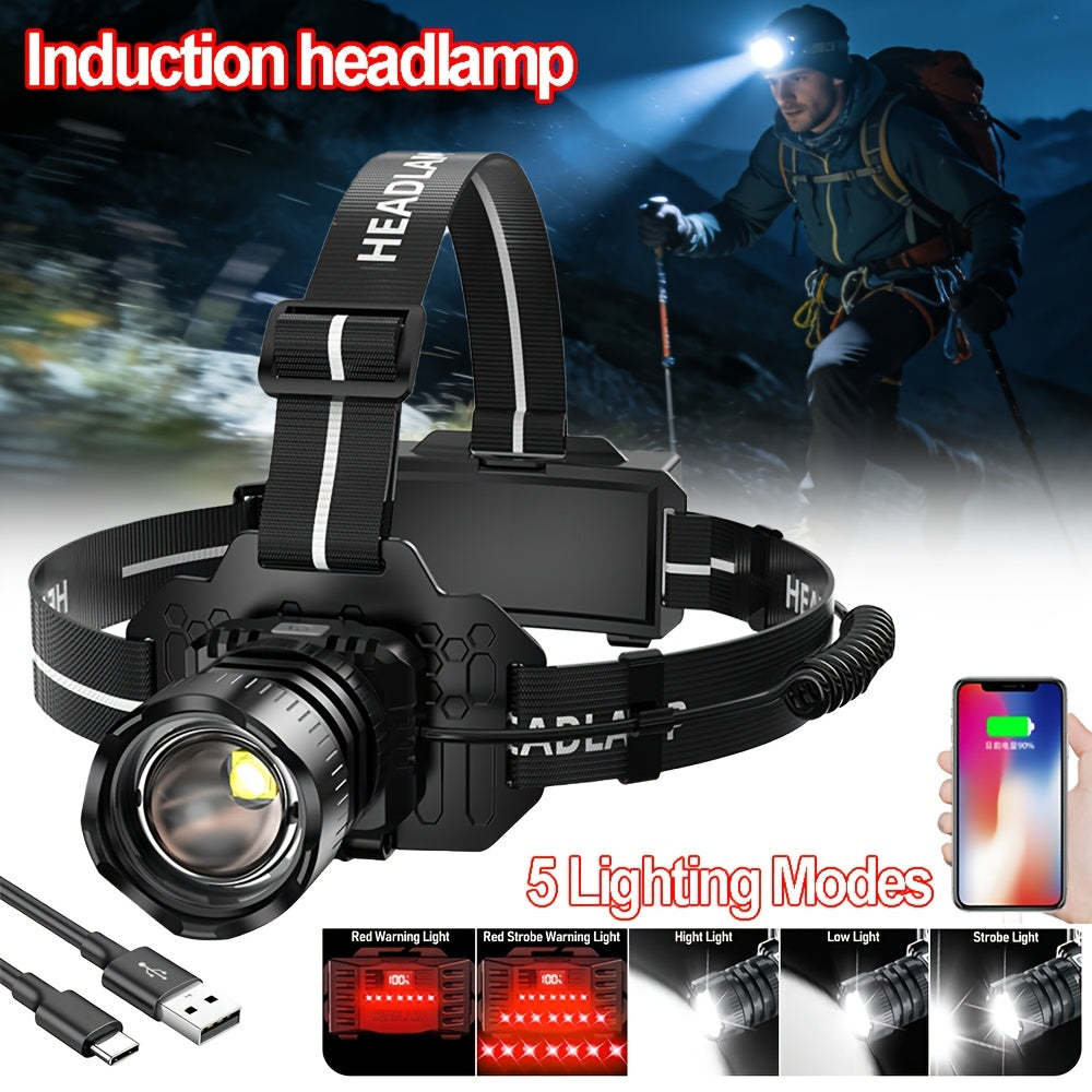 Lampe frontale à induction LED super lumineuse, rechargeable par Type-C, 5 modes d'éclairage, lampe frontale de camping avec lumière rouge, zoom réglable à 90°, pour camping, chasse, randonnée, entretien, exploration