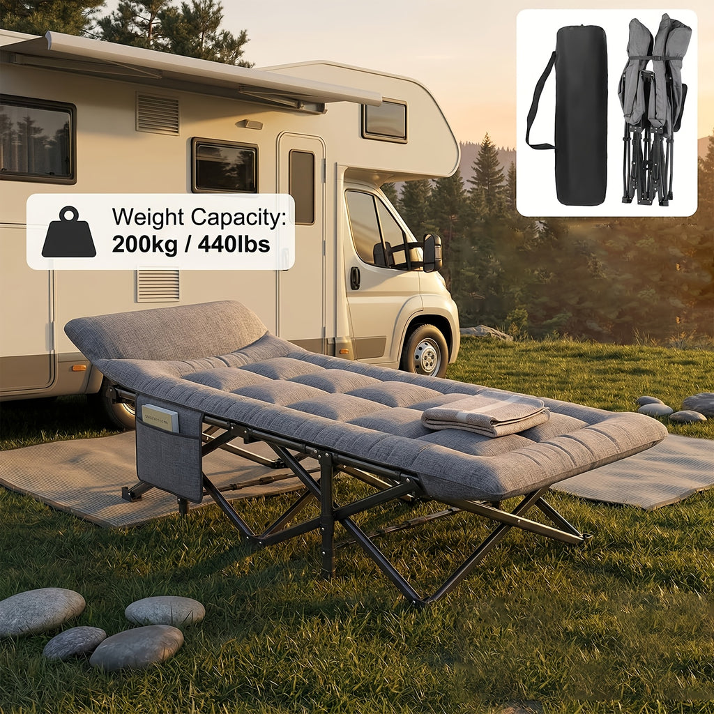 Lit de camping pliant gris, lit de camping rembourré portable, avec sac de rangement latéral, adapté aux jardins, aux cours, à la piscine et au camping, chaise longue d'extérieur inclinable pour le soleil