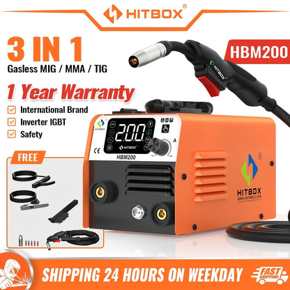 Poste à souder MIG HITBOX 3 en 1 multifonctionnel sans gaz/Lift Tig/Stick 110V/220V 200A Portable Contrôle Synergique Flux Cœur Alimentation de Fil Soudeur Inversseur IGBT avec Écran LCD