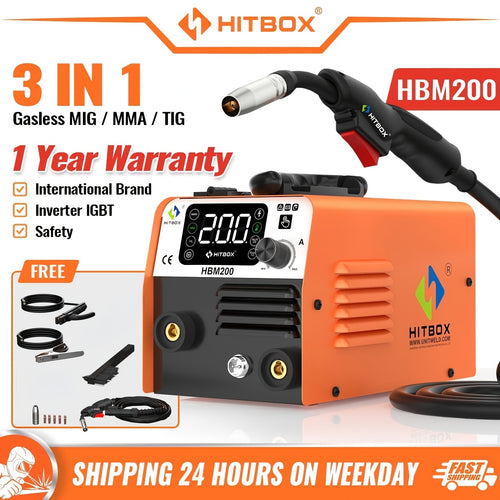 Poste à souder MIG HITBOX 3 en 1 multifonctionnel sans gaz/Lift Tig/Stick 110V/220V 200A Portable Contrôle Synergique Flux Cœur Alimentation de Fil Soudeur Inversseur IGBT avec Écran LCD