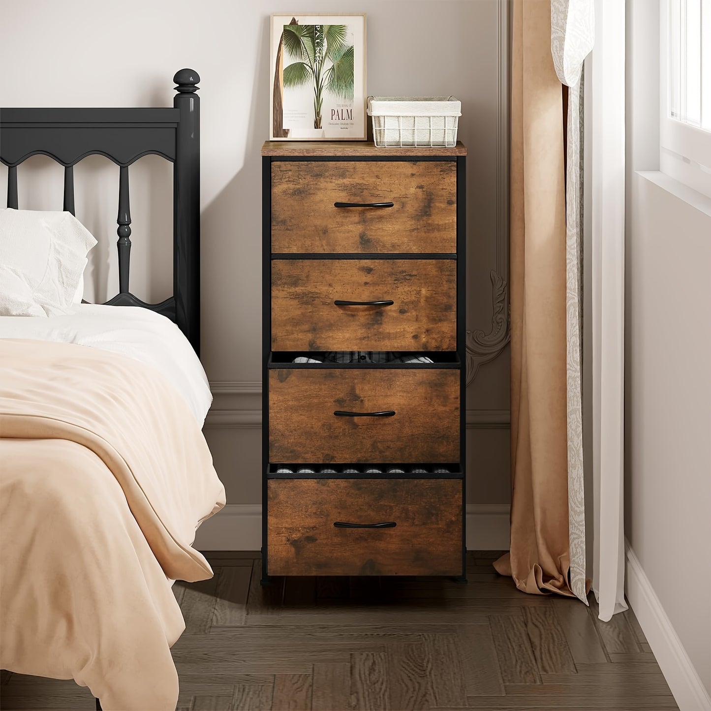 1 tiroir étroit, commode avec 4 tiroirs en tissu, buffet coffre de rangement pour chambre à coucher, salon, couloir, style industriel, brun vintage noir
