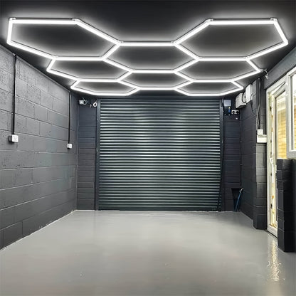 Lumière LED hexagonale 5 grilles/8 grilles/10, 14 grilles avec bordure, 6500K super brillante, facile à installer, design durable pour garage, atelier beauté auto, atelier, salle d'exposition, salle de sport
