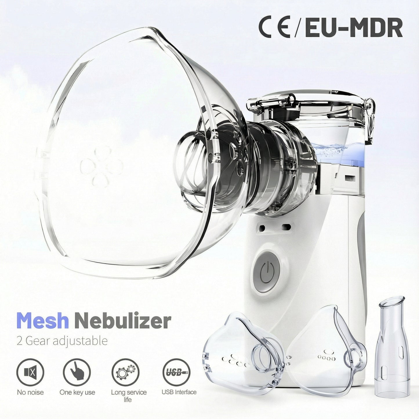 Nebuliseur à mailles portable pour usage domestique, nébuliseur portatif ultra silencieux, appareil de thérapie par aerosol à brume fine, double alimentation (batterie et USB, piles non incluses), cuvette à médicaments de 8 cc, 2 masques (grand et petit)