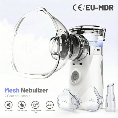 Nebuliseur à mailles portable pour usage domestique, nébuliseur portatif ultra silencieux, appareil de thérapie par aerosol à brume fine, double alimentation (batterie et USB, piles non incluses), cuvette à médicaments de 8 cc, 2 masques (grand et petit)