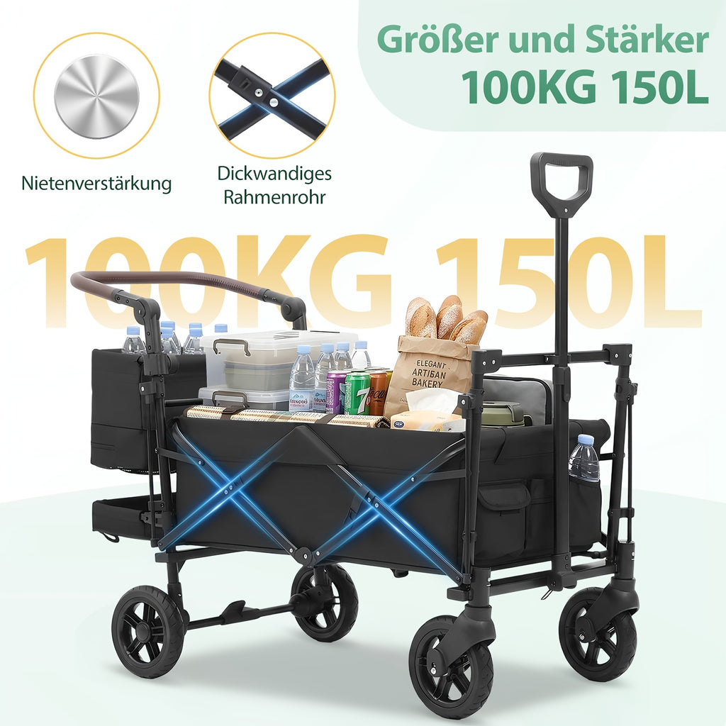 Chariot Pliant avec Toit Robuste 100 kg 150 L - Roues Freinées, Poignée Réglable, Tissu Nylon Oxford pour Camping Familial, Courses et Jardinage (Gris/Noir/Gris-Noir/Vert Foncé)