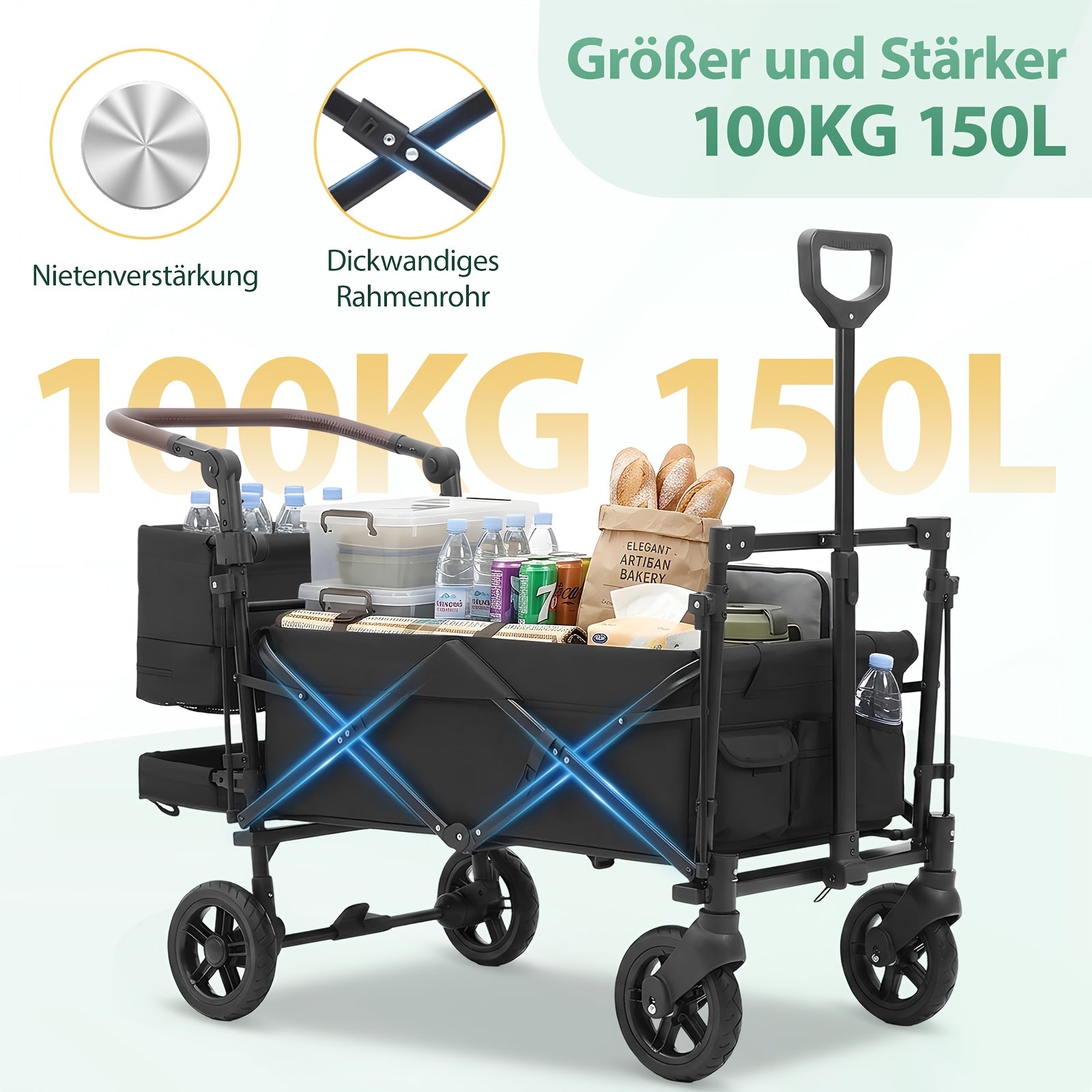Chariot Pliant avec Toit Robuste 100 kg 150 L - Roues Freinées, Poignée Réglable, Tissu Nylon Oxford pour Camping Familial, Courses et Jardinage (Gris/Noir/Gris-Noir/Vert Foncé)
