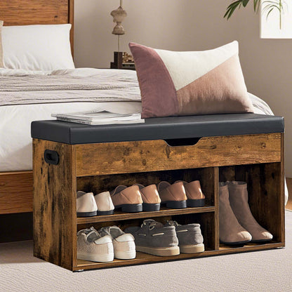 Banc à Chaussures Rembourré, 3 Compartiments, Capacité de Charge 136 kg, Rangement Caché, Étagères, pour Chambre, Salon, Entrée