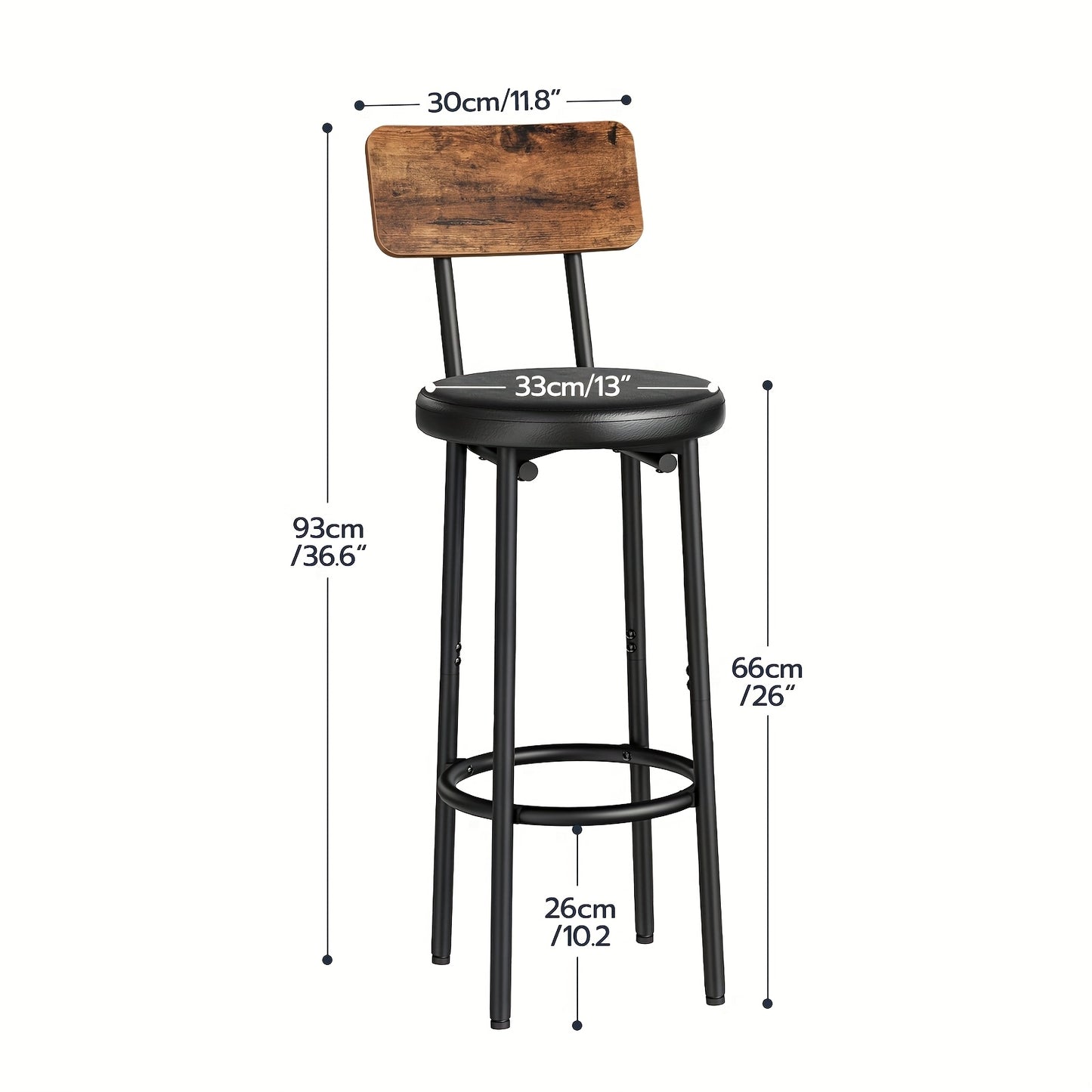 Ensemble de 2 tabourets de bar avec dossier, chaises de bar avec revêtement en cuir PU, chaises de cuisine avec repose-pieds, pour cuisine, salon, bar, montage facile, marron vintage et noir