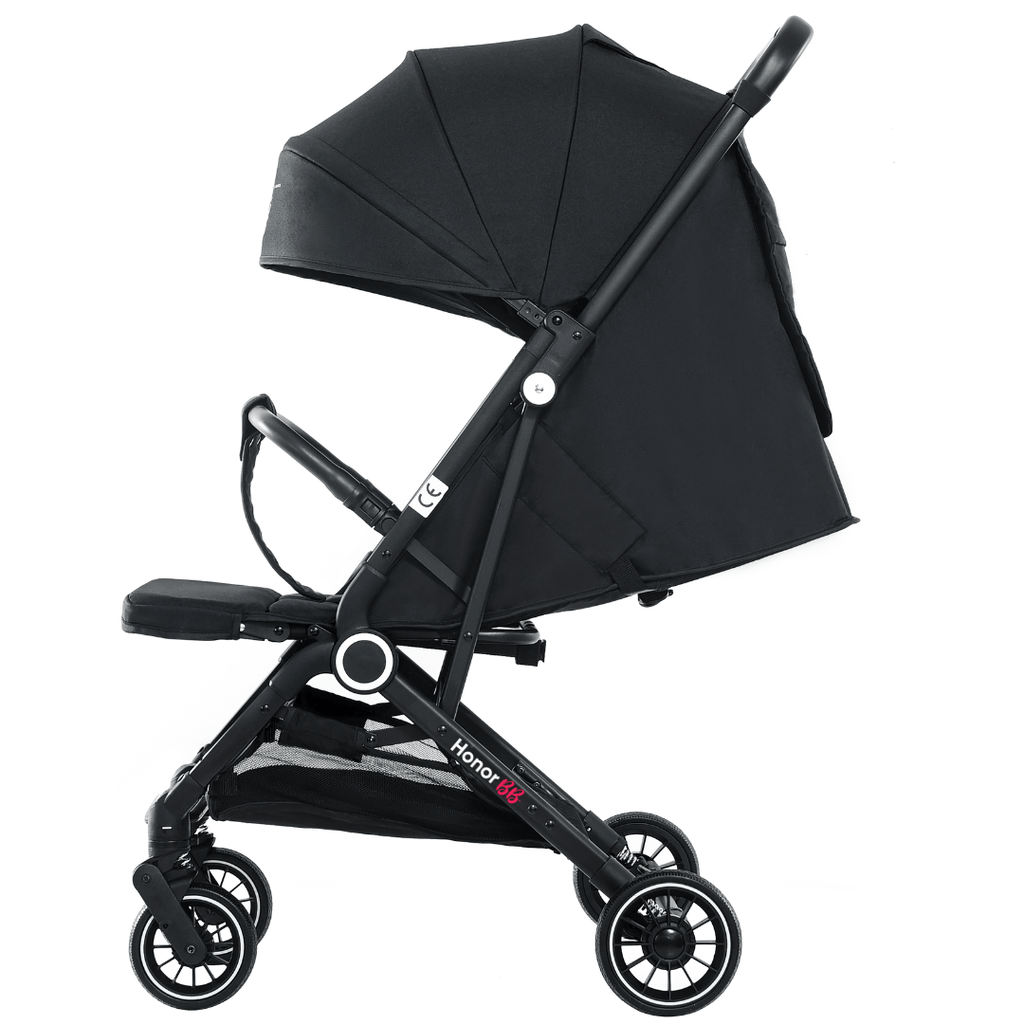 HonorBB ZOA Poussette Canne Bébé Légère et Compacte, 0-3 Ans, 0-15 kg, 3 Positions Inclinables, Pliage Automatique, Bandoulière, Moustiquaire et Protection Pluie Offerts – Essential Black